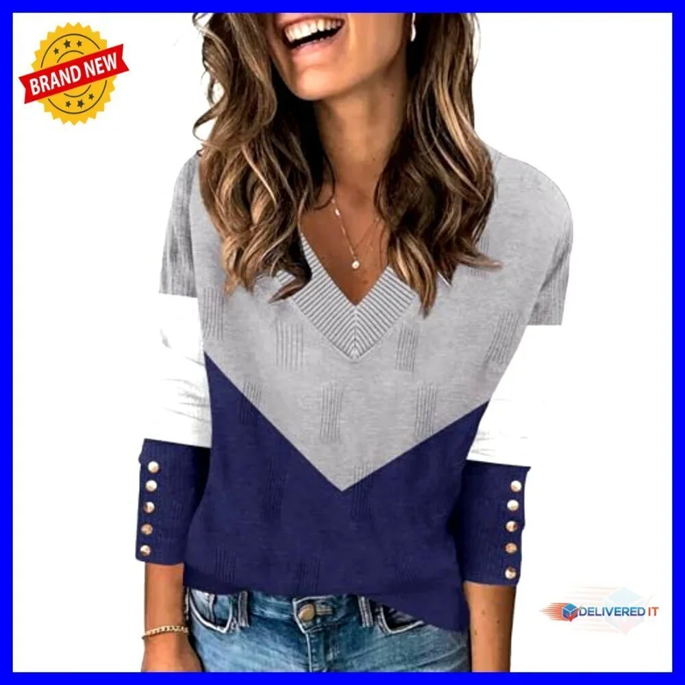 V-Neck Ribbed Knit Pullover Sweater Lightweight Long Sleeve Button Cuff Blouse